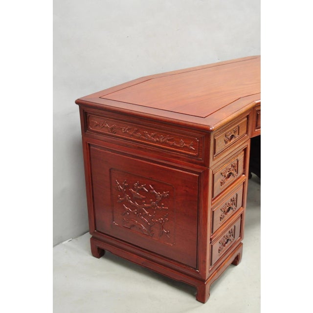 Vintage Chinese Bird Carved Hardwood Kneehole Writing Desk With Decorated Back For Sale - Image 12 of 18