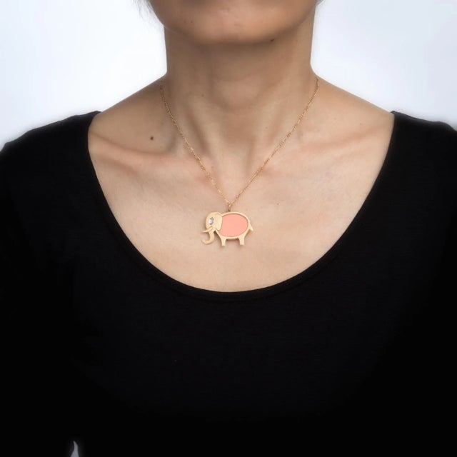 Modern Mid 20th Century Hammerman Brothers Elephant Pendant Necklace Diamond 14k Gold Vintage For Sale - Image 3 of 4