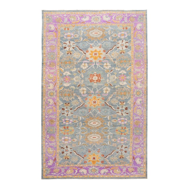 Modern Sultanabad Handmade Floral Motif Blue & Purple Wool Rug For Sale