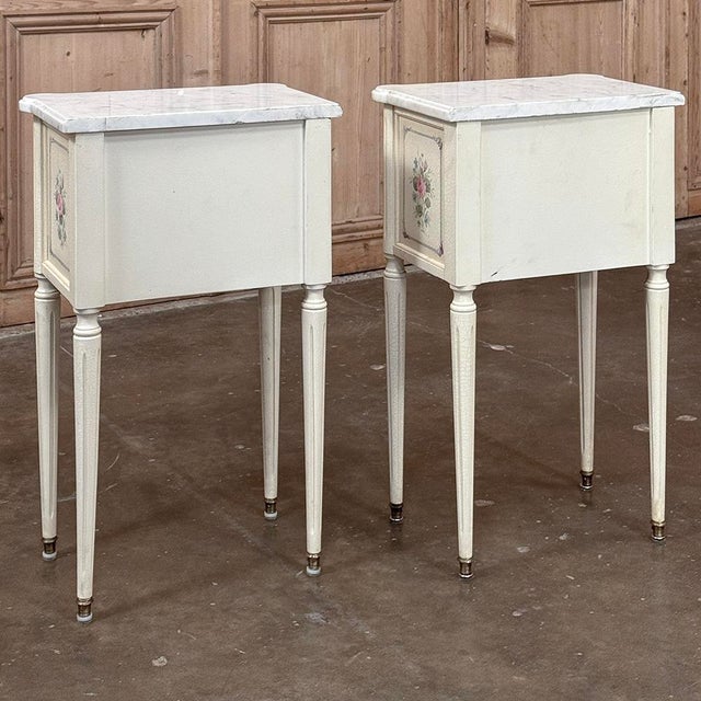 Late 20th Century Pair French Louis XVI Painted Side Tables ~ Nightstands With Carrara Marble For Sale - Image 18 of 18