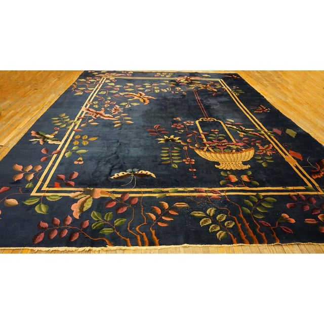 Beautiful Botanical Pattern With Navy Background Color Antique Chinese Art Deco Rug For Sale - Image 10 of 12