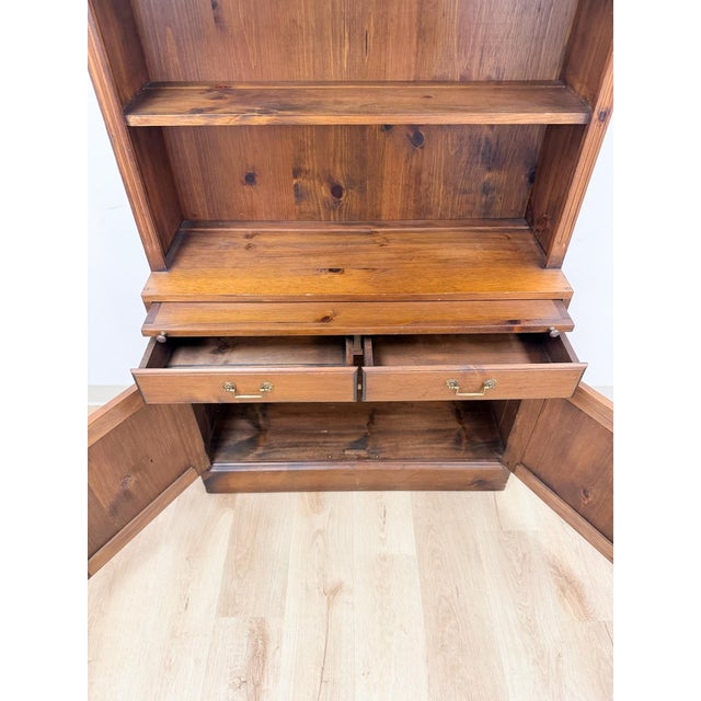 Handmade Pine Walnut Tone Bookcase Desk Drawers Cabinet Antique Style For Sale - Image 10 of 16