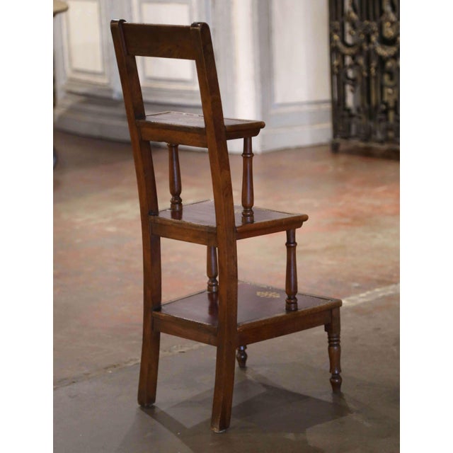 Brown 19th Century French Carved Walnut and Red Leather Three-Step Library Ladder For Sale - Image 8 of 9