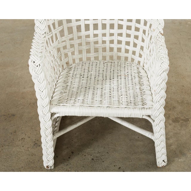 Set of Six Painted Wicker Rattan Garden Dining Armchairs For Sale - Image 9 of 12