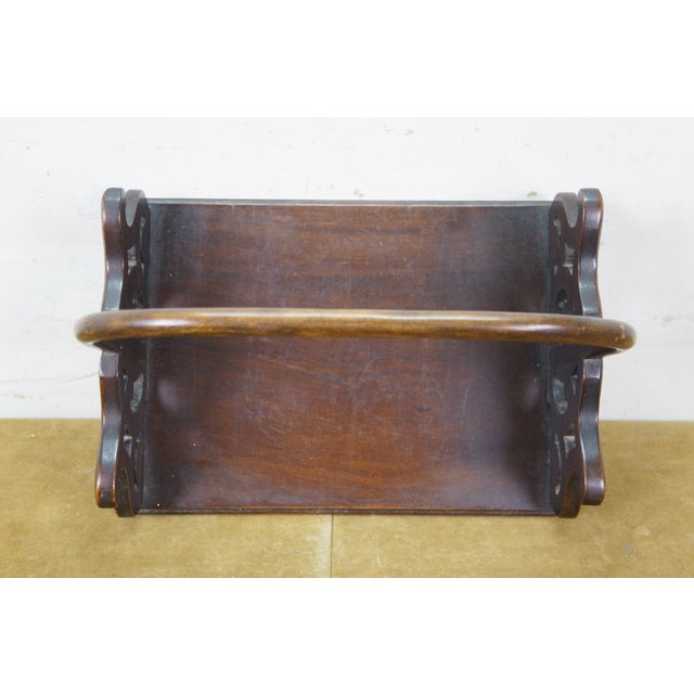 Brown Mahogany Pierced Scrolled Magazine Holder Book Tray W Bentwood Handle 15" For Sale - Image 8 of 11