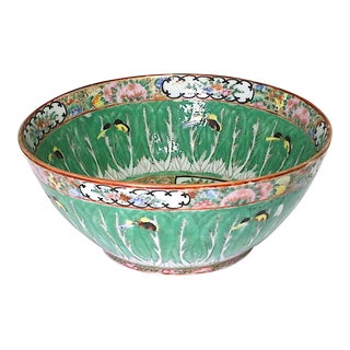 Antique Qing Dynasty Porcelain Punch / Salad Bowl - Green Cabbage Leaf, Bird, & Butterfly Design For Sale