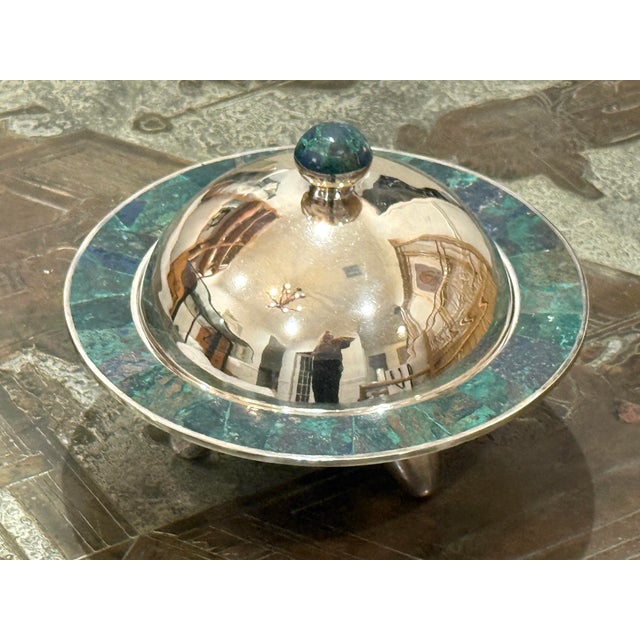 Mexican Los Castillo Silver Malachite and Lapis Covered Bowl For Sale - Image 3 of 12