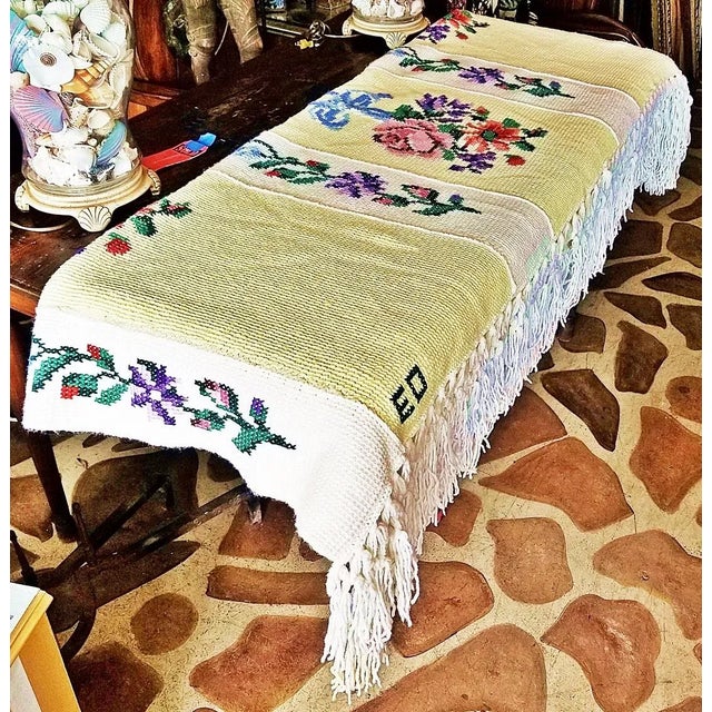 Cheerful and classic, a lovingly hand-knitted queen sized bed throw shown on a king sized bed. Extra long macrame fringe,...