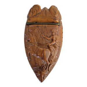 Early 19th Century French Coquilla Nut Snuff Box, Boat Form With Horse & Grotesque Mask