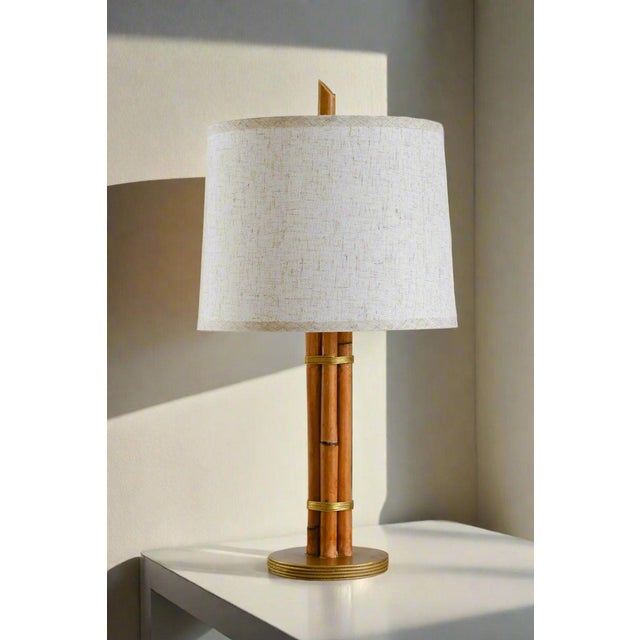 Rattan & Brass Table Lamp Mid-Century Modern Style For Sale - Image 6 of 8