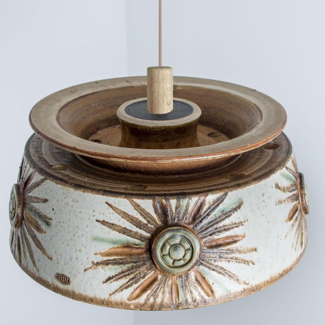 Flat Round Brown Ceramic Pendant Light, Denmark, 1970 For Sale - Image 9 of 17