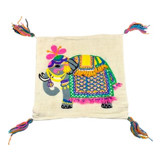 Vintage Handmade Crewel Embroidery Elephant Pillow Cover For Sale