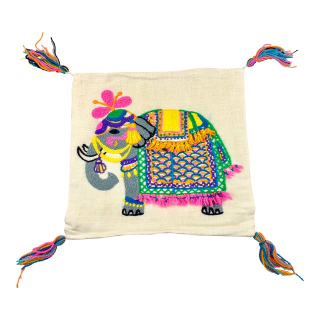 Vintage Handmade Crewel Embroidery Elephant Pillow Cover For Sale