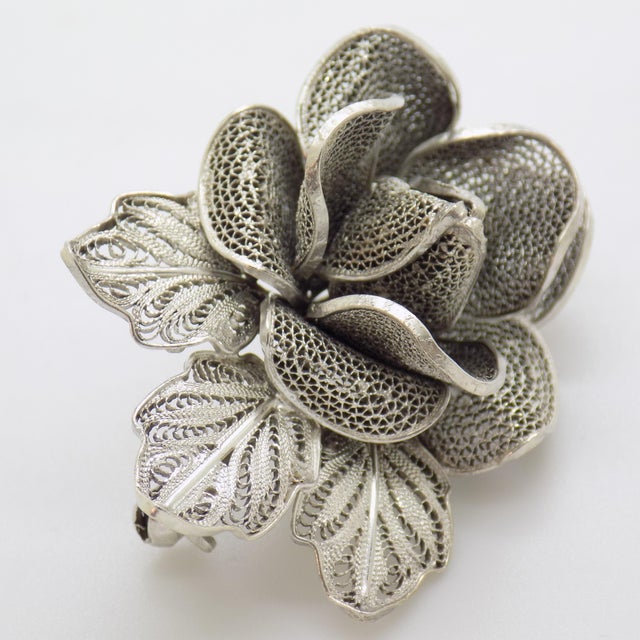 Vintage Italian Handmade Silver Rose-Shaped Brooch in Silver Filigree, Genoa, 1980s For Sale - Image 15 of 15