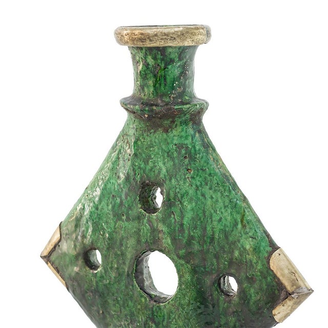 Late 20th Century Vintage Moroccan Tamegroute Green Glazed Candle Holder With Brass Accents For Sale - Image 5 of 9