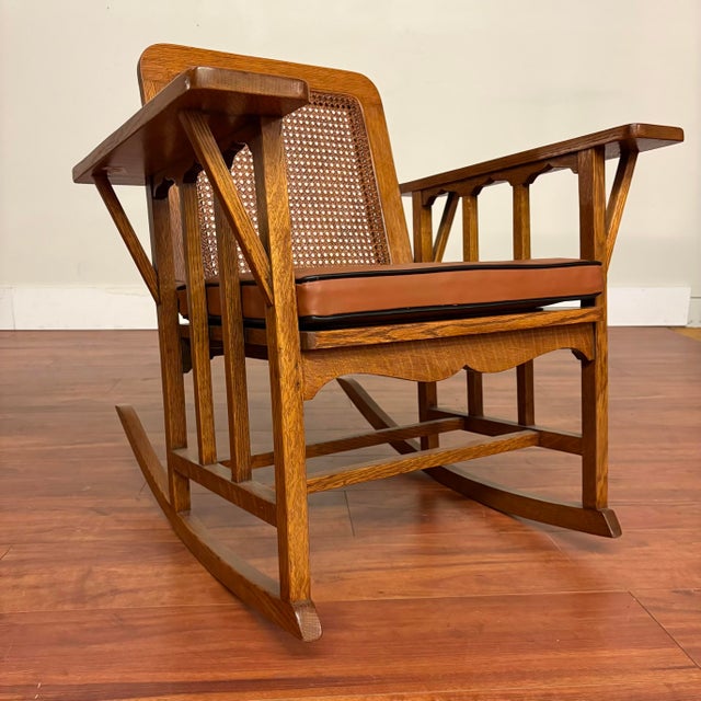 Mid 20th Century Vintage Oak & Cane Mission Style Rocking Chair With New Leather Cushions For Sale - Image 5 of 18