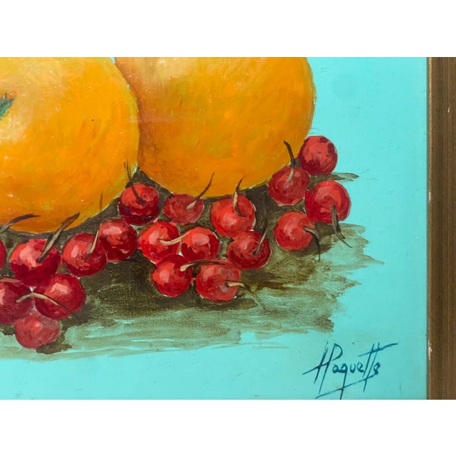 Paint Vintage H Pauquette Fruit Orange Cherry Still Life Realism Oil Painting on Board For Sale - Image 7 of 10