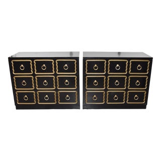 Black and Gold 3 Drawer Espana Chests in the Style of Dorothy Draper-A Pair For Sale