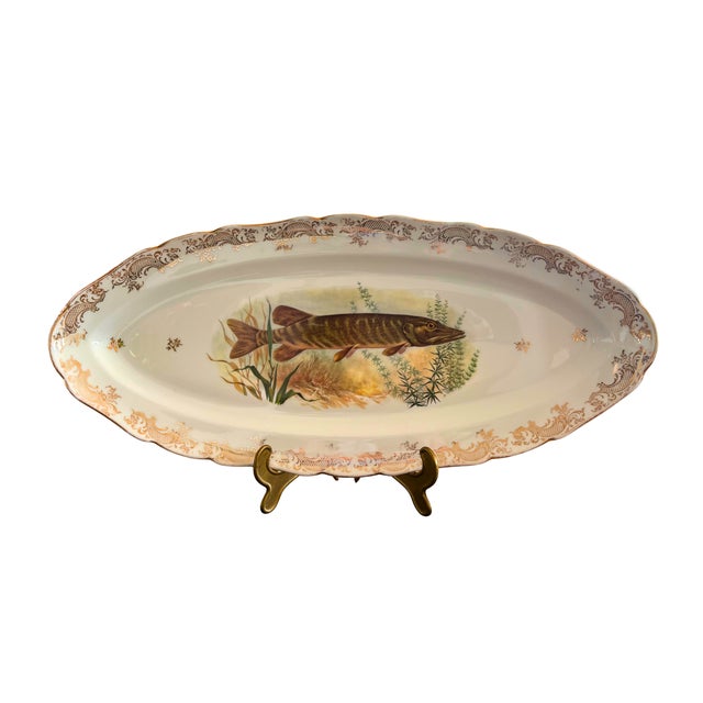 Brown Vintage French Hand-Painted Fish Service from Limoges, 1950, Set of 7 For Sale - Image 8 of 11