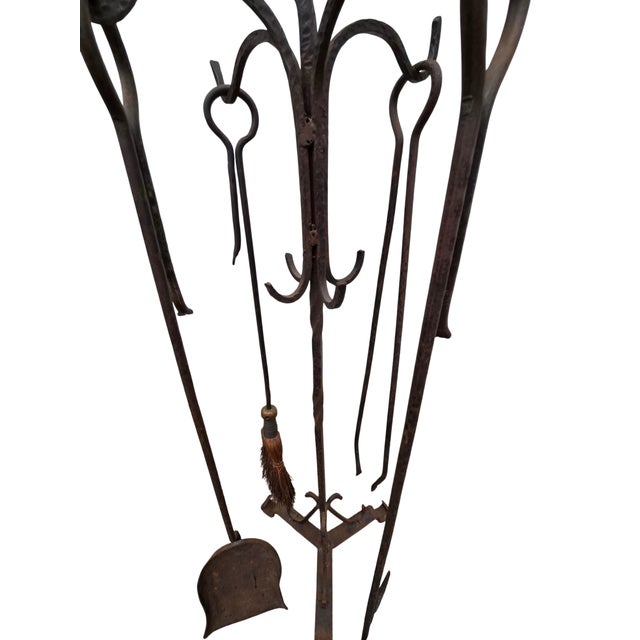 1960s Antique Fireplace Tools Set Arts Crafts Artist Made Hand Forged Wrought Iron For Sale - Image 5 of 16