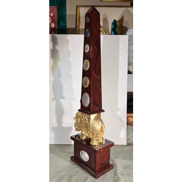 Renaissance Large Italian Grand Tour Style Handpainted & Gilded Obelisk of the Minerva With Semi-Precious Stone Specimens For Sale - Image 3 of 12