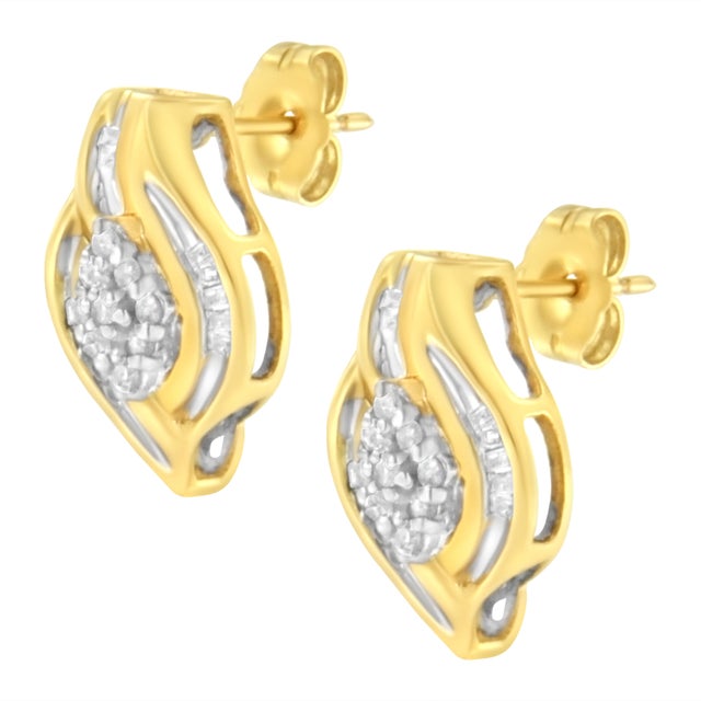 10K Yellow Gold 1/3 cttw Round-Cut Diamond Cluster and Swirl Stud Earrings (J-K Clarity, I2-I3 Color) For Sale - Image 4 of 6