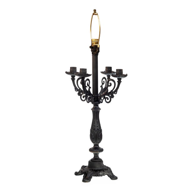Mid 20th Century Mid 20th Century Black Lacquered Metal Candelabras Table Lamp With Four Branches For Sale - Image 5 of 8