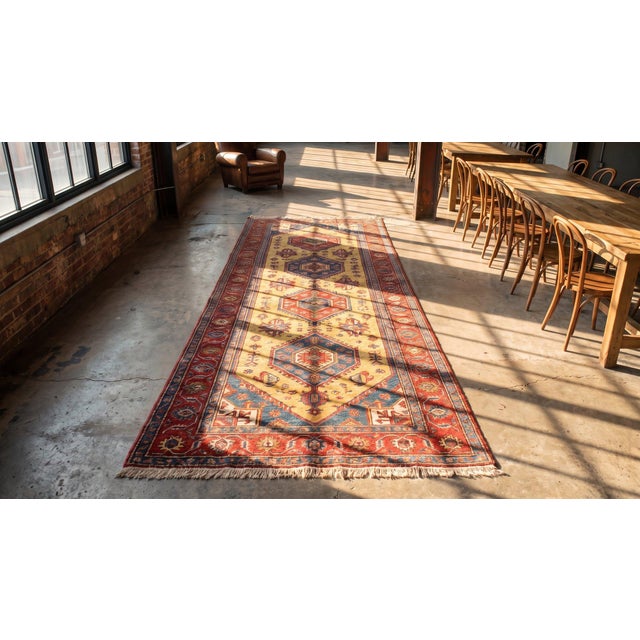 1900s Yellow Canary Geometric Hand Knotted Antique Caucasian Karabagh Rug 4'2" X 11' Wool Carpet For Sale In New York - Image 6 of 8