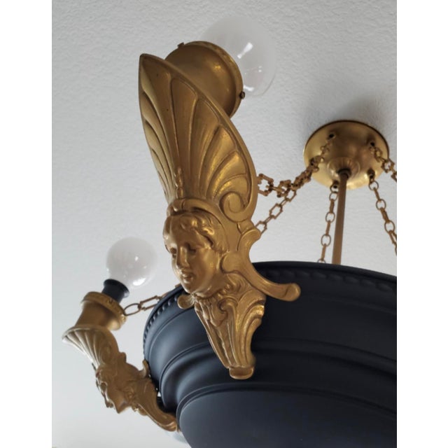 1920s Art Deco Brass Chandelier Black Flat Paint, Roman Woman Motifs, Geometric Chain For Sale - Image 11 of 12