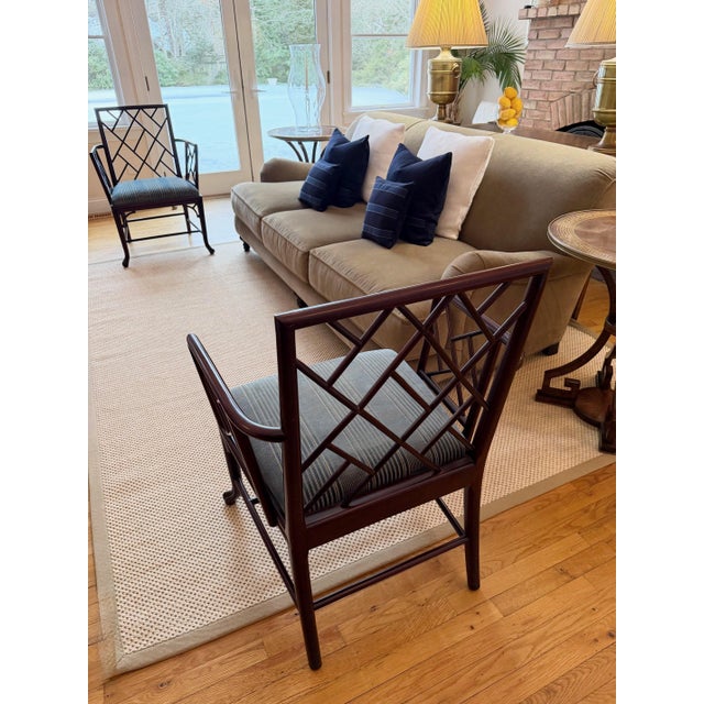 Chinoiserie Pair of Custom Chinoiserie Style Lacquered Arm Chairs by Baker For Sale - Image 3 of 18