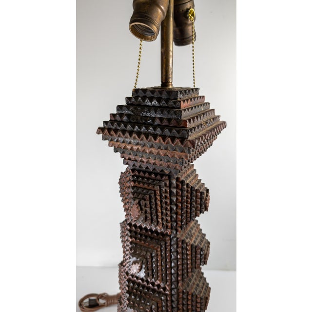 Wood Early 20th Century American Folk Art Tramp Art Polychrome Table Lamp For Sale - Image 7 of 13