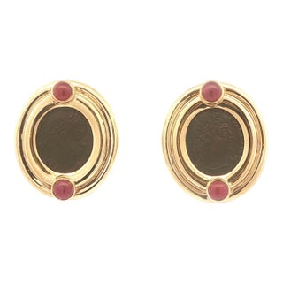 late 20th Century Pair of 14k Gold Ancient Coin With Rubies Earrings For Sale