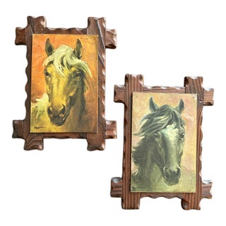 Vintage Signed Oil on Paper Over Board Horse Portraits - A Pair For Sale