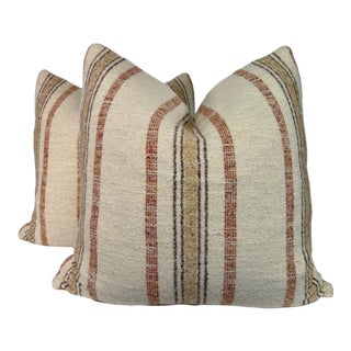 Wool Blend Stripe in Cream/Brown/Rust 22" Pillows-a Pair For Sale