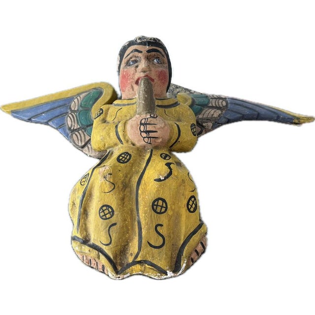 Vintage Spanish Colonial Style Mexican Nashua Artisan Hand Carved Wood Angel For Sale - Image 4 of 7