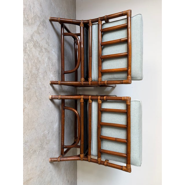 1970s Vintage Rattan Bamboo Lounge Chairs With Cushions – A Pair For Sale - Image 5 of 18