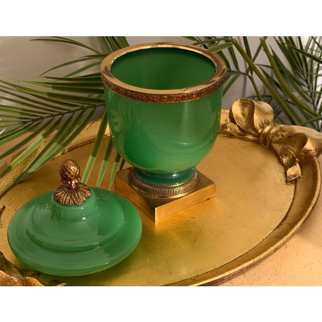Antique French Green Opaline and Brass Large Covered Jar With Acorn Finial For Sale - Image 9 of 9