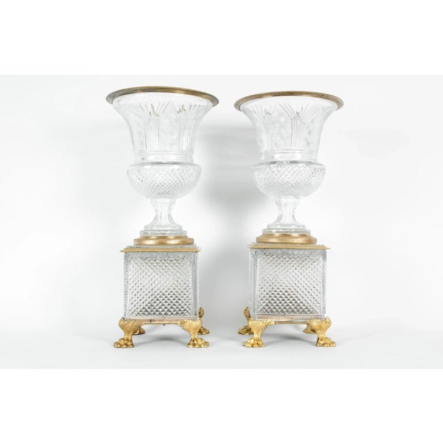 Late 19th century gilt bronze mounted / cut glass with square footed base pair decorative vase / centerpiece. Each urn /...