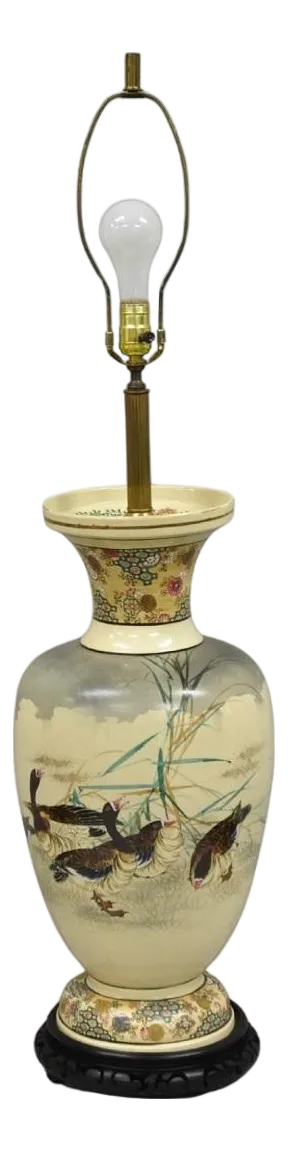 Antique Oriental Oversized Porcelain Satsuma Vase Japanese Table Lamp W/ Geese