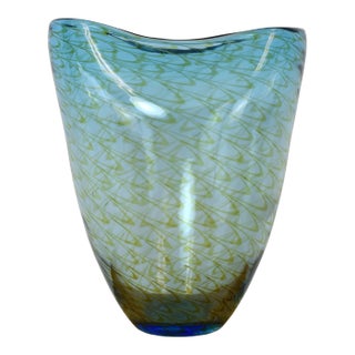 Blue Studio Art Glass Vase Pinched Form For Sale