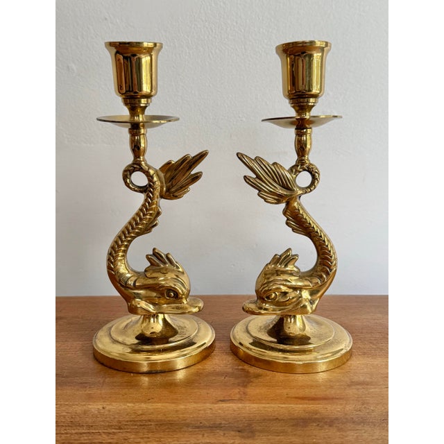 Hollywood Regency 20th Century Brass Dolphin Neoclassical Candle Holders - A Pair For Sale - Image 3 of 11