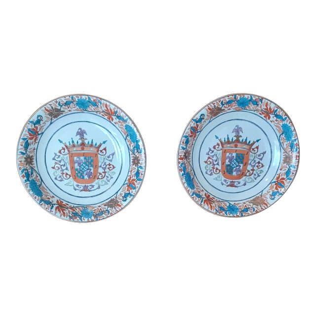 Pair of Vintage Porcelain Armorial Chargers For Sale