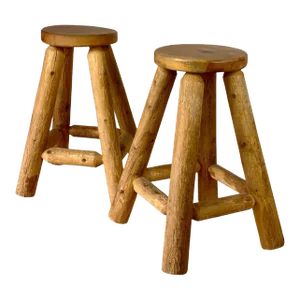 Vintage Farmhouse Log Cabin Timber Live Edge Lodge Bar Stools - a Pair