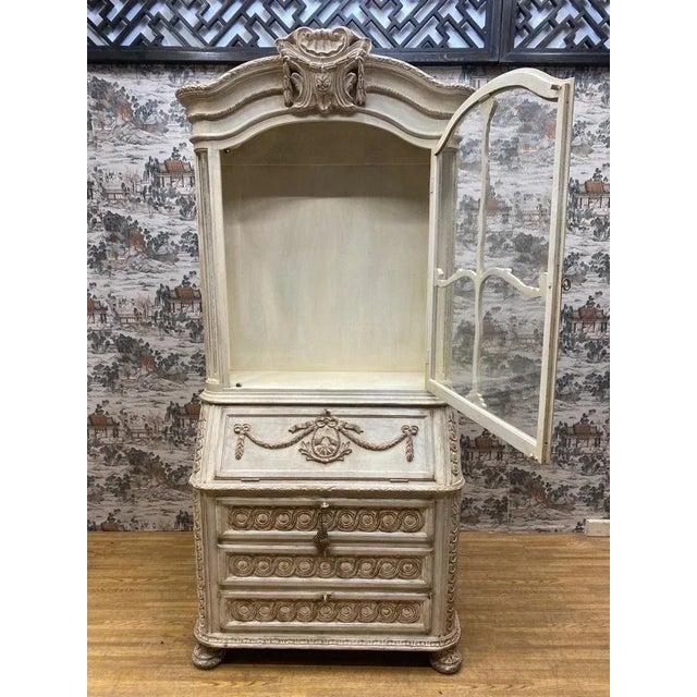 Vintage French Provincial Hand Carved White Secretary Desk and Display Cabinet For Sale In Chicago - Image 6 of 9