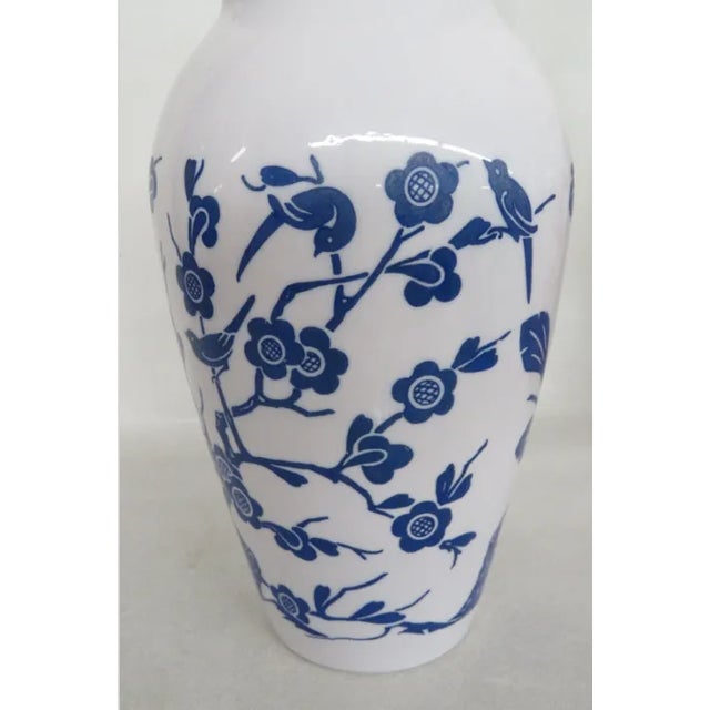 Mid-Century Modern Anchor Hocking Blue Birds Cherry Blossoms Milk Glass Vase For Sale - Image 3 of 12