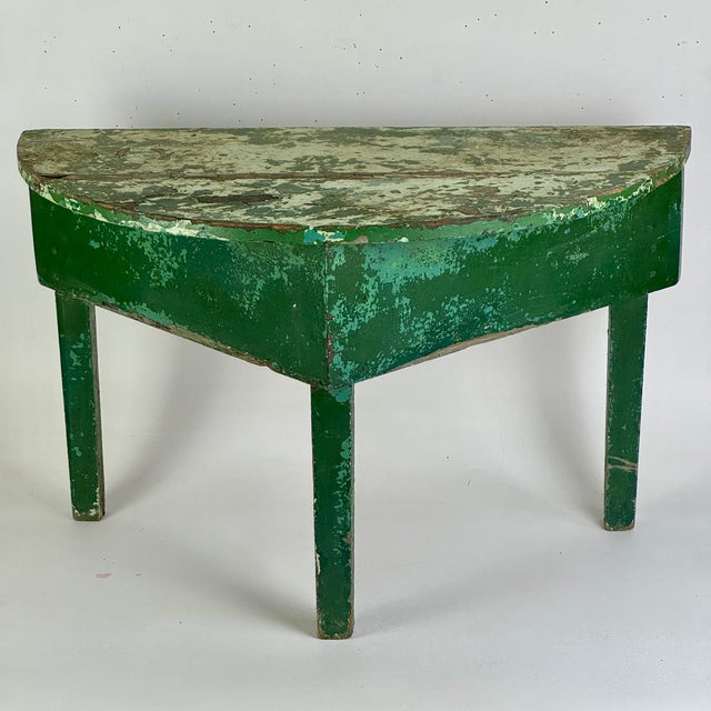 American Early 20th Century Demilune Shaped Hand Constructed Wooden Accent Table in Naturally Distressed Avocado Green For Sale - Image 3 of 13