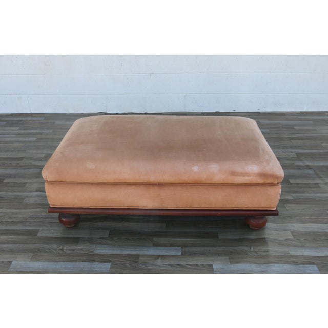 Ralph Lauren Oversized Vintage Ralph Lauren Tan Leather & Wood Ottoman With Bun Feet For Sale - Image 4 of 18