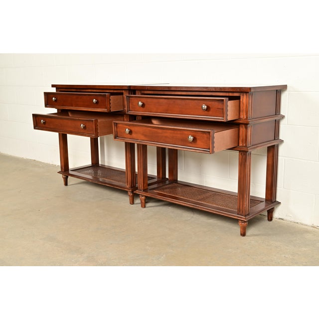 Drexel Heritage French Regency Louis XVI Carved Mahogany and Cane Console Tables or Servers, Pair For Sale In South Bend - Image 6 of 13