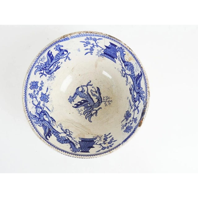 Metal Antique Chinoiserie Blue Transferware Dragon Bowl Stapled For Sale - Image 7 of 10