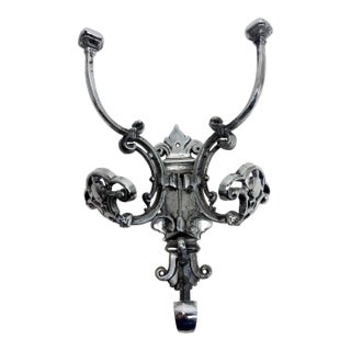 Vintage Ornate Heavy Chrome Metal Wall Mount Wall Hook Hat Coat Hallway Rack For Sale